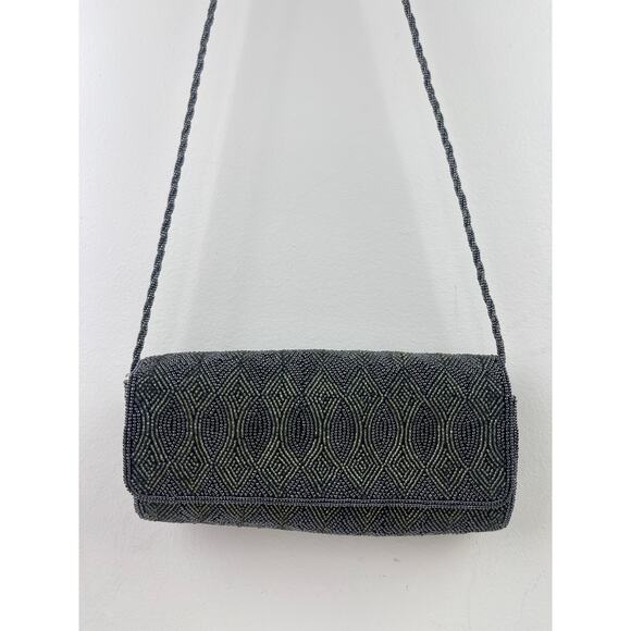 INGE CHRISTPHER Beaded Shoulder Bag Clutch Gray Silver Black Eveningwear Formal - Picture 3 of 8